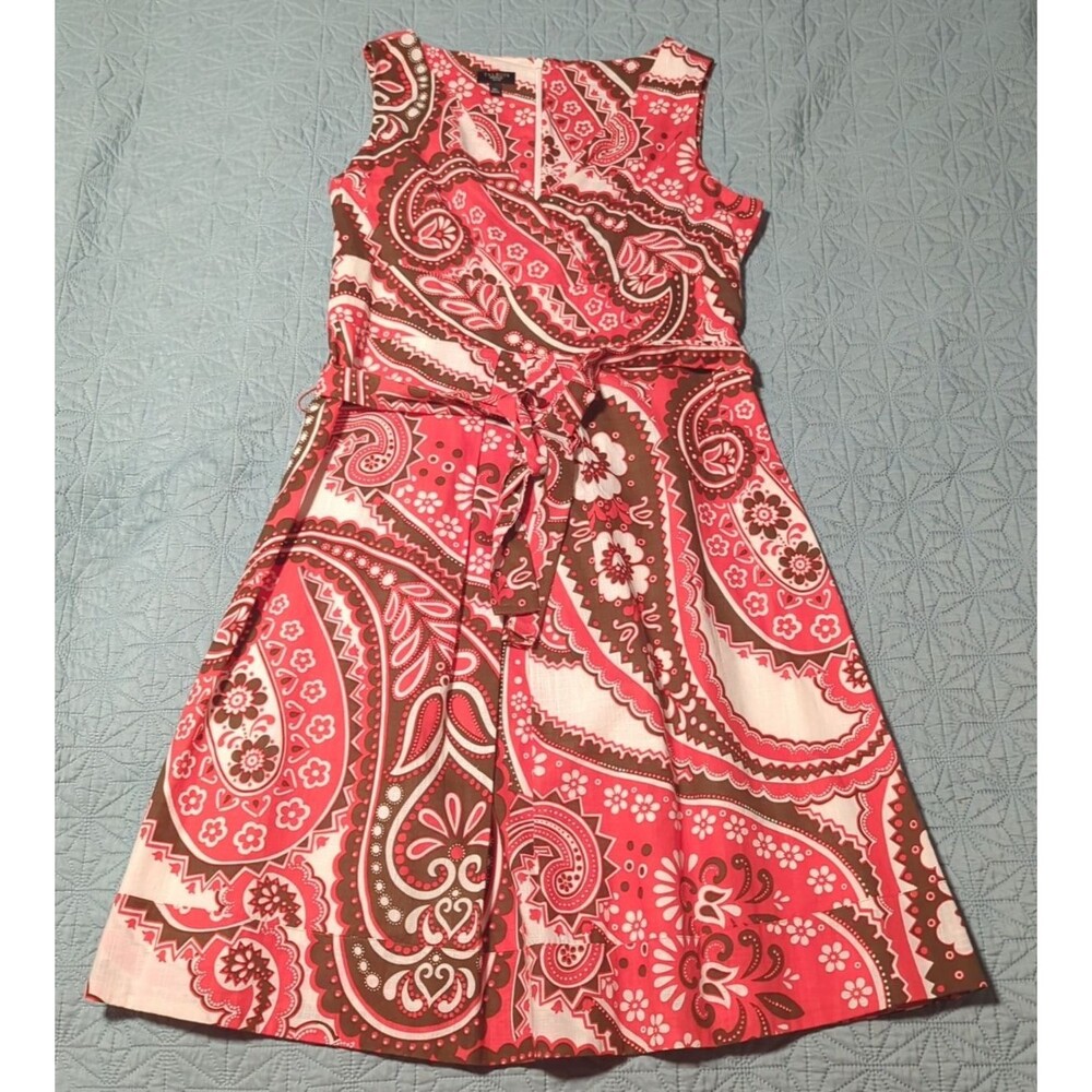 Talbots Coral & Brown Bold Paisley Surplice Neck A-line Cotton Dress W/belt 10P